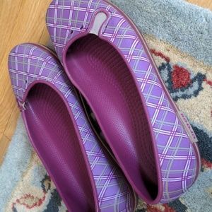 Raspberry plaid croc ballet shoes EUC